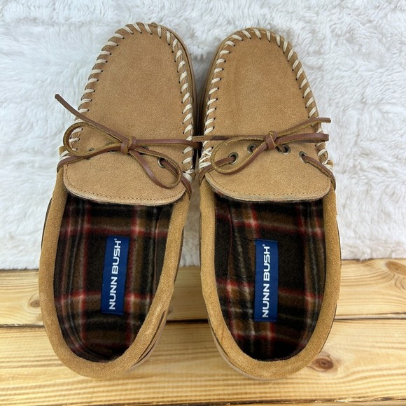 NEW Nunn Bush Mens Size 9 Slippers Eddie Mocassin Tan Leather Faux Fur Plaid - Picture 7 of 12